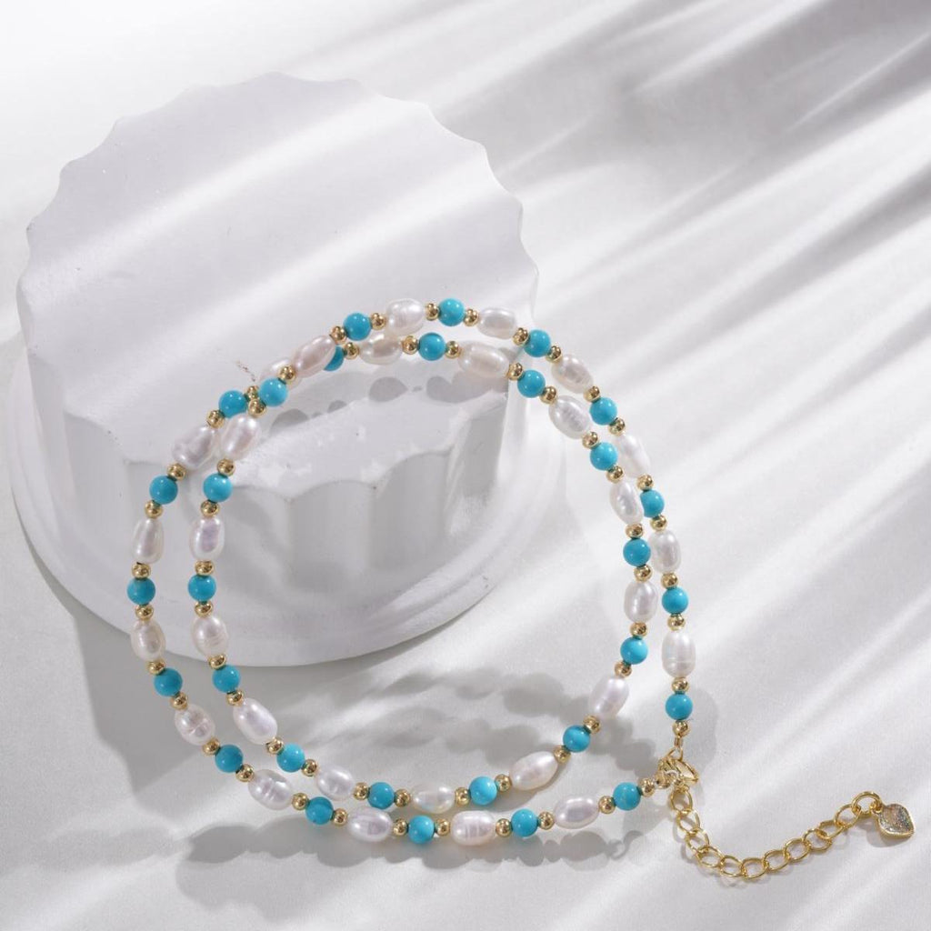 【Necklace】Turquoise Stone Natural Freshwater Pearl Copper Necklace,Delicate Jewelry for Women