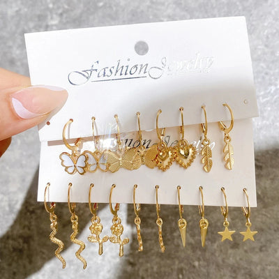 18PCS/SET Fashion Gold Color Snake Butterfly Earring Set For Women Girls Vintage Star Heart Eardrop Jewelry Accessories