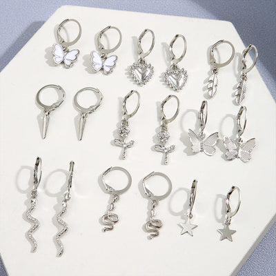 18PCS/SET Vintage Silver Color Snake Butterfly Earring Set For Women Girls Fashion Star Heart Eardrops Jewelry Trendy