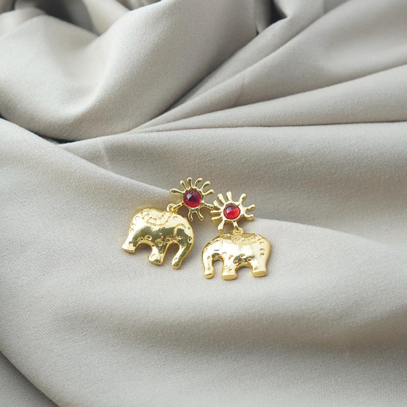 【Pendant Earrings】Gold-Plated Alloy Sun & Elephant Design - Red Crystal Accent Drop Earrings for Women