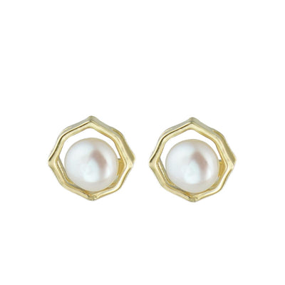 【Stud Earring】Irregular Alloy Natural Pearl Stud Earring with Silver Post,  Minimalism Lightweight Design Jewelry for Women, Perfect Gift