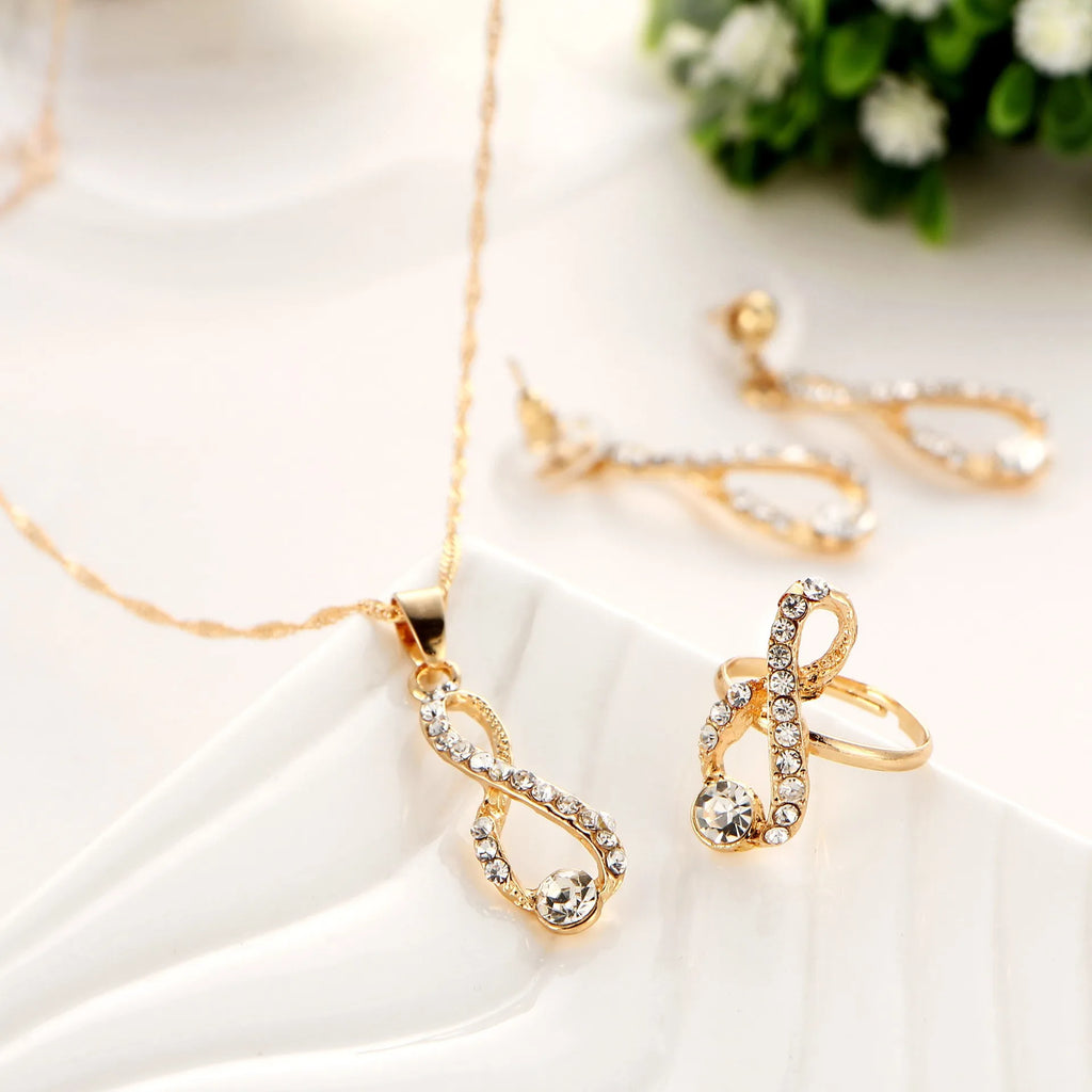 1Set Hot Selling Fashionable Versatile Diamond Inlaid Eight Character Pendant Necklace Earrings Rings High-End Jewelry Wholesale