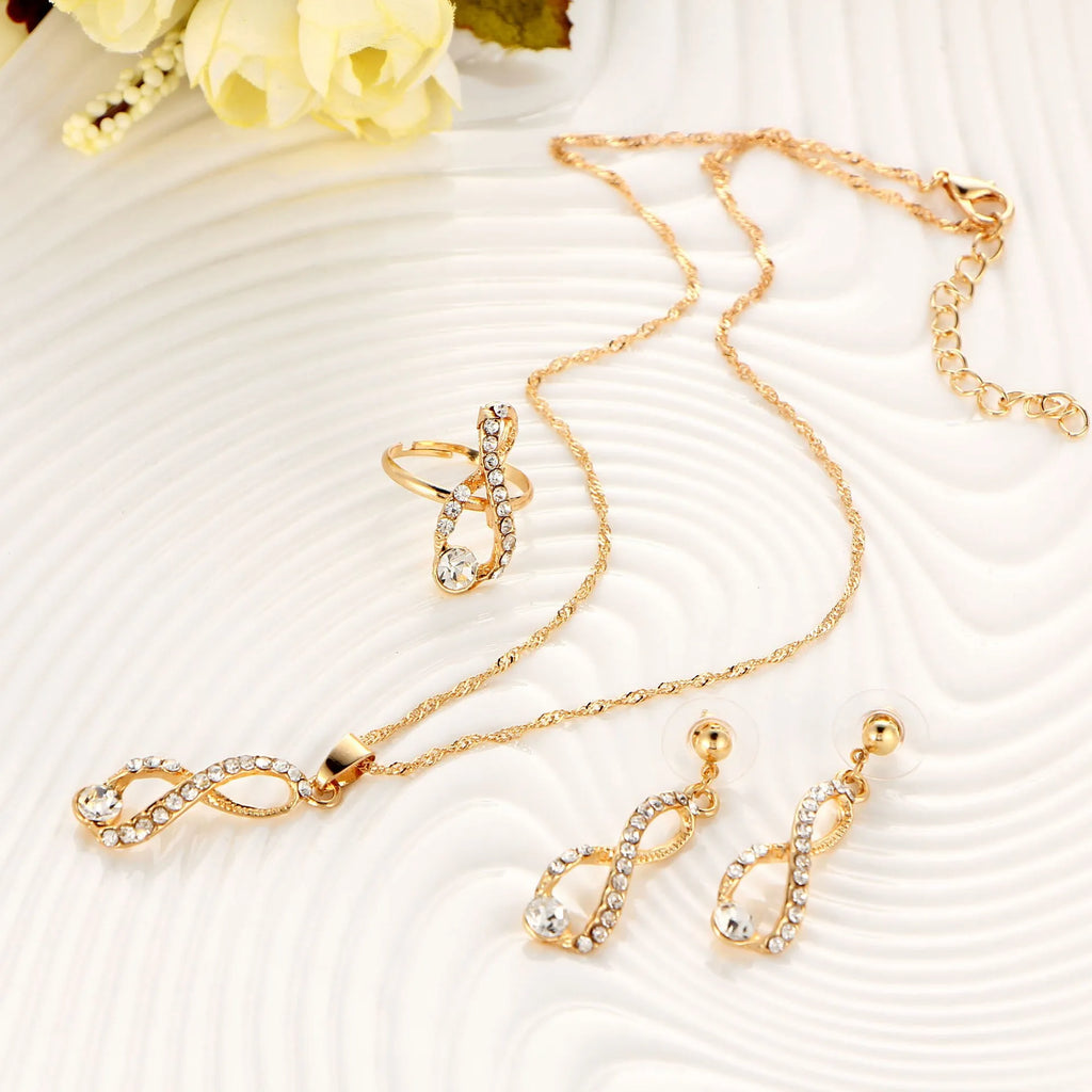 1Set Hot Selling Fashionable Versatile Diamond Inlaid Eight Character Pendant Necklace Earrings Rings High-End Jewelry Wholesale