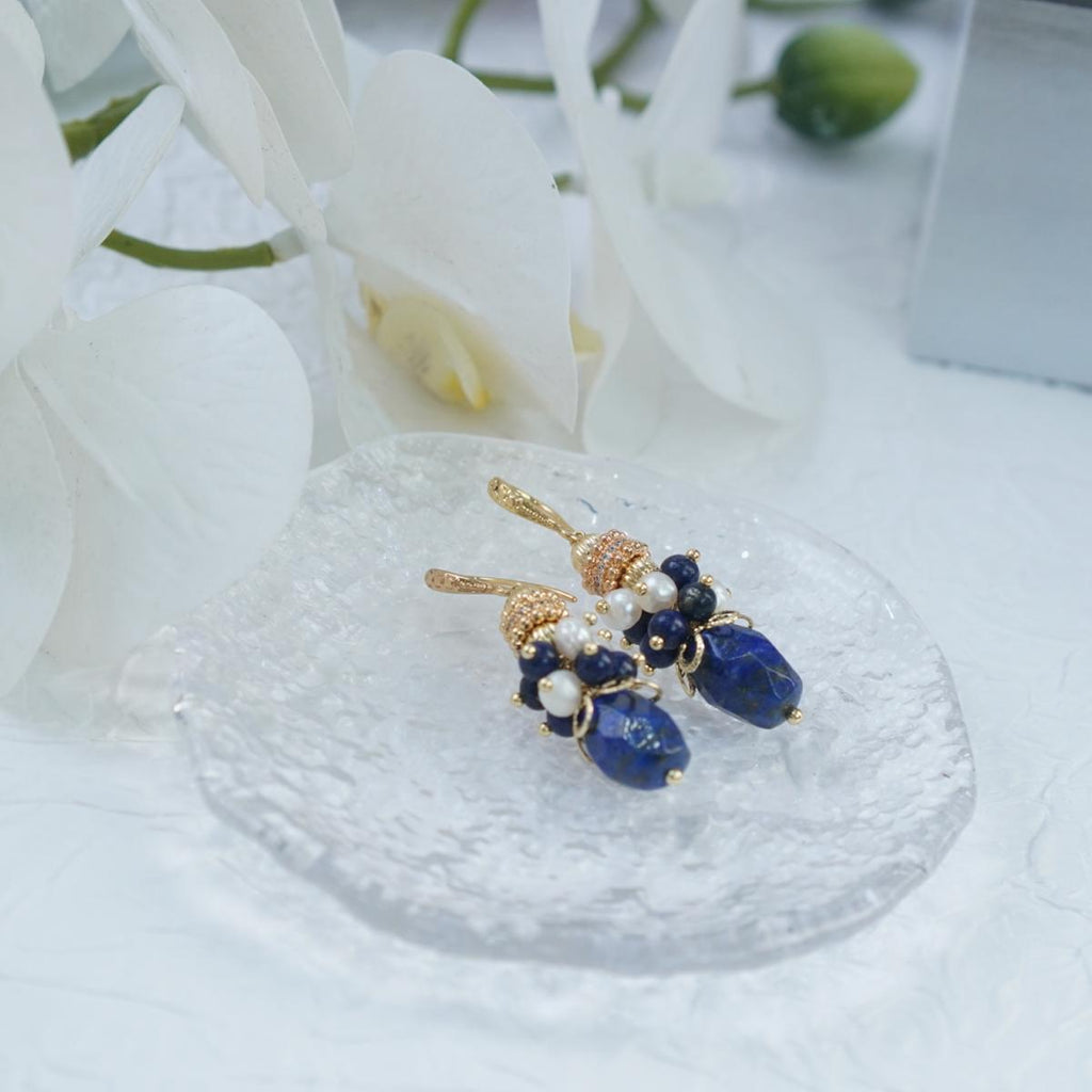 【Earrings&Necklace】Elegant Lapis Lazuli & Pearl Jewelry Set for Graceful Women, Charming Blue-White Design