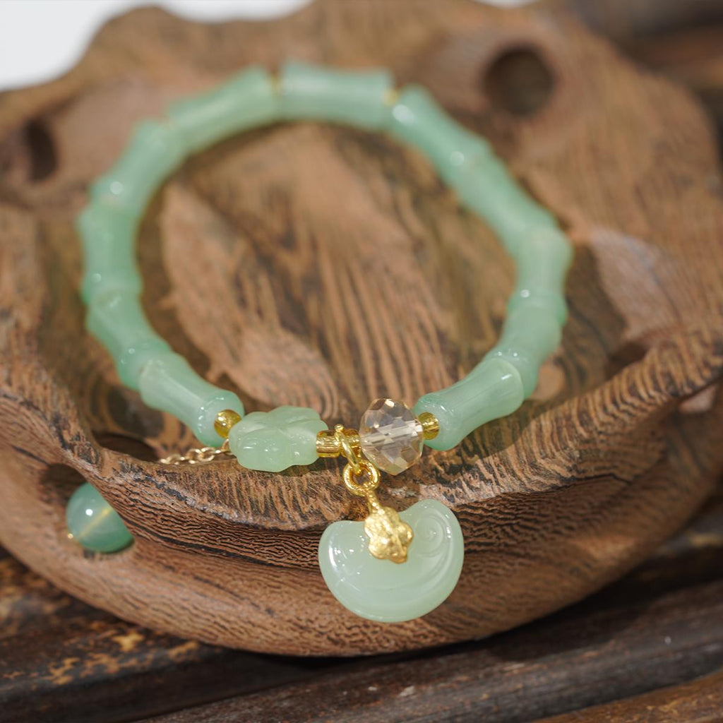 Gelang Manik, Jed Hijau dan Bahan Buluh, dengan Pesona Teratai Bersalut Emas, Boleh Laras, Hadiah Barang Kemas untuk Wanita, Gelang