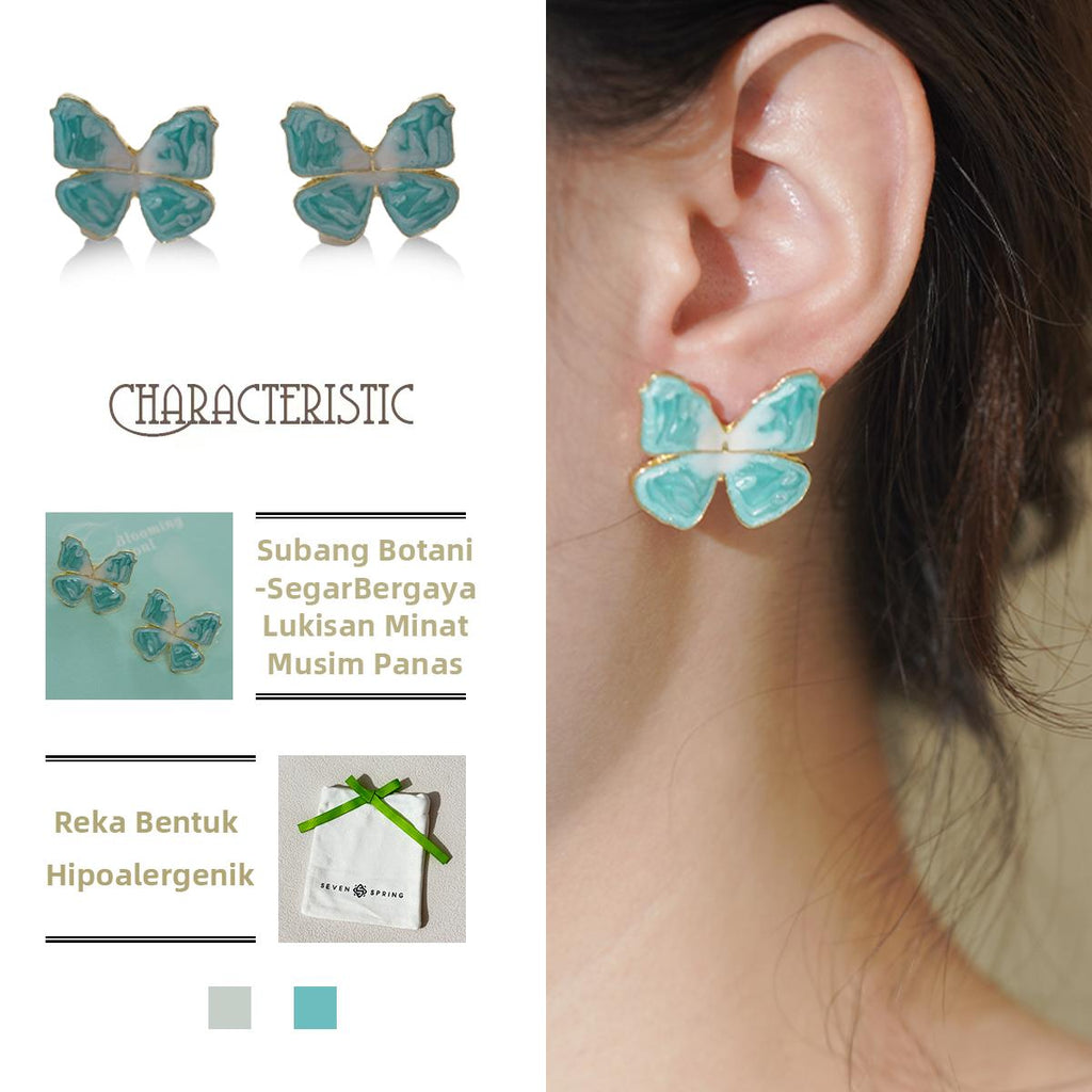 Anting-anting Stud, Kancing Rama-rama Kecerunan Biru-Putih Bermata, Bertekstur Cantik, Untuk Wanita, Bersalut Emas