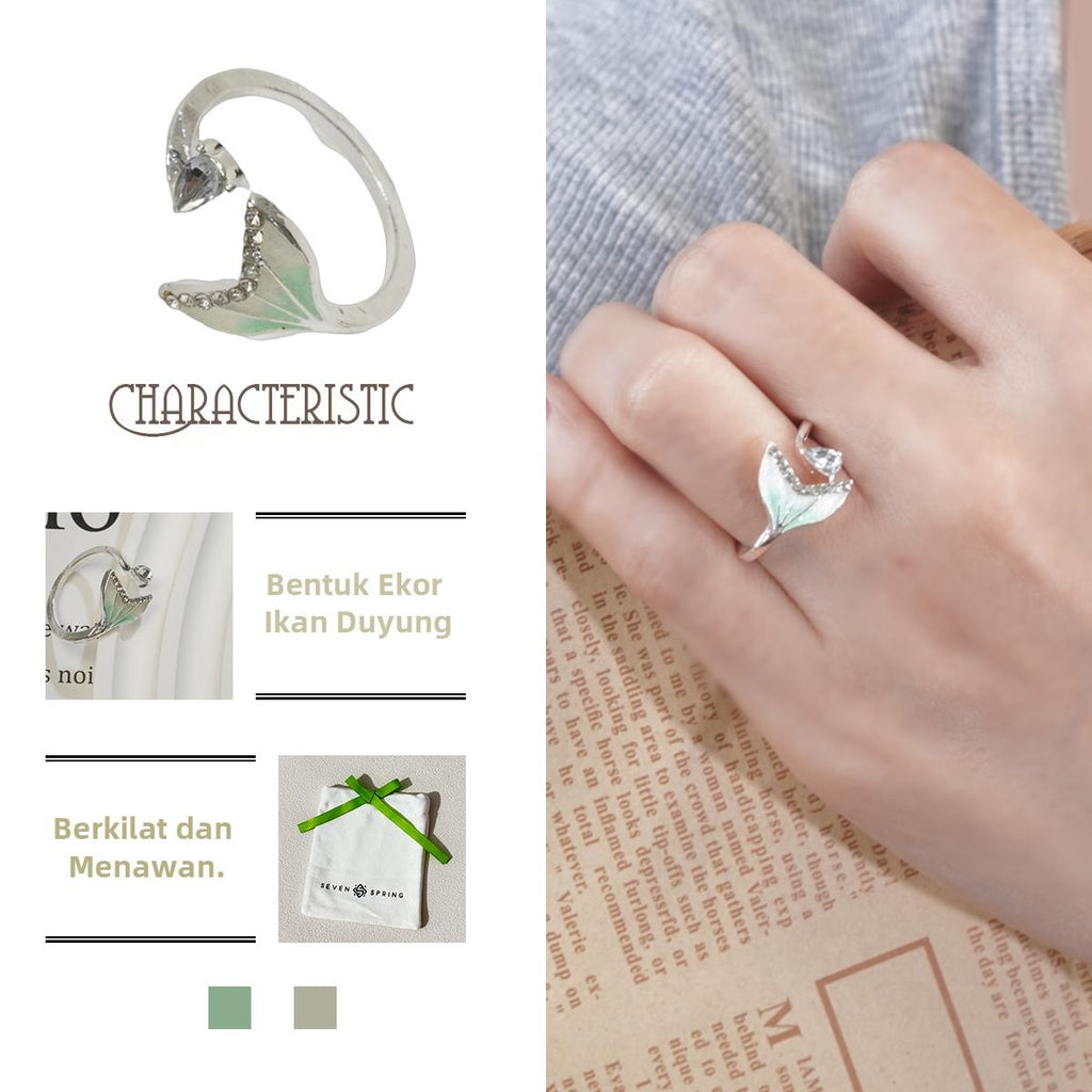 Cincin Ekor Duyung, Hijau Kecerunan Enamel, Hiasan Zirkon, Barang Kemas Dongeng, Sesuai untuk Gadis Pencinta Lautan stainless  steel  ring