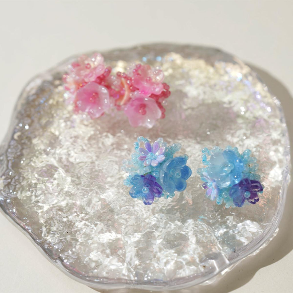 【Stud Earrings】Handmade Beaded Flower Pink & Blue Sweet Daily Earrings for Women