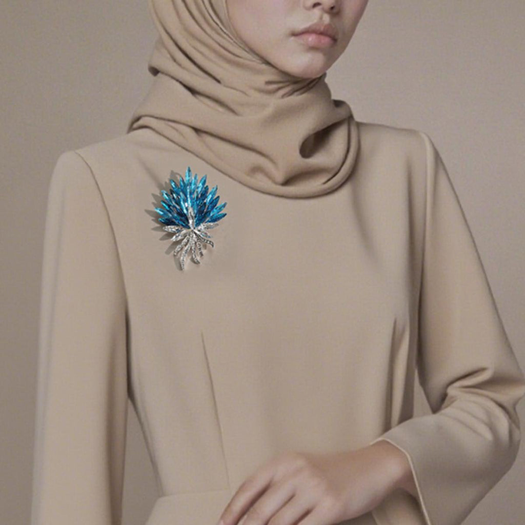 Sparkling Gradient Blue Crystal Brooch | Natural Leaf-Layered Design | Elegant Party & Daily Jewelry for Women