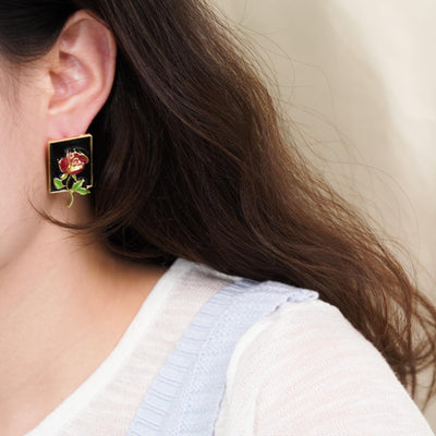【Stud Earrings】Gold-Trimmed Enamel Red Rose Square Studs, Black-Gold Court-Style for Women
