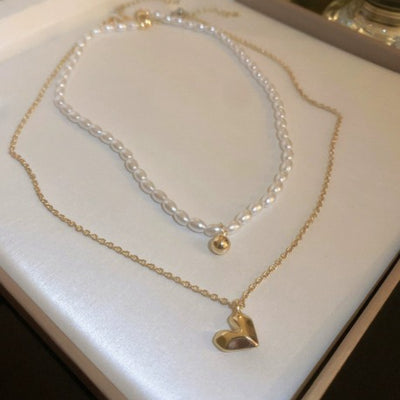 【Pendant Necklace】Copper Alloy Matte Gold Dual Chain Necklace with Heart Pendant, Geometric Contrast Jewelry Modern Elegance for Women