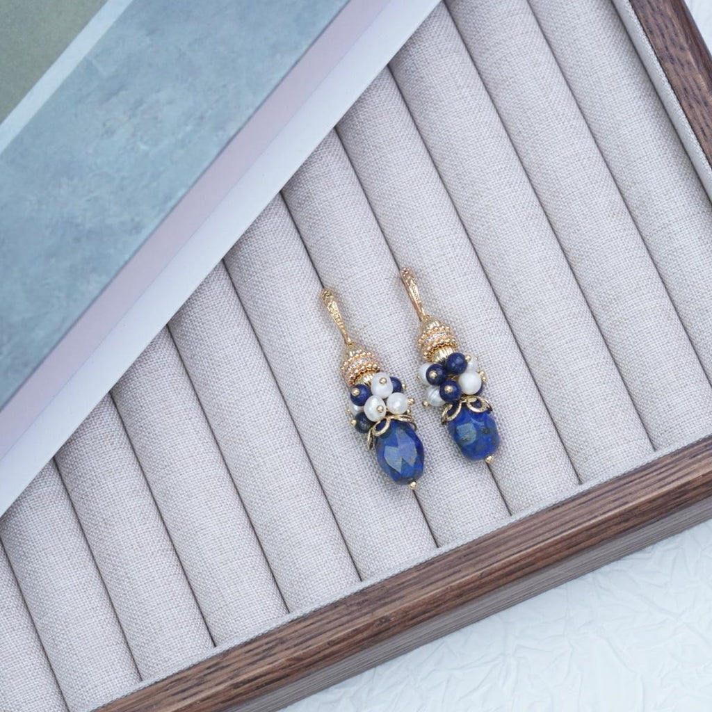 【Earrings&Necklace】Elegant Lapis Lazuli & Pearl Jewelry Set for Graceful Women, Charming Blue-White Design