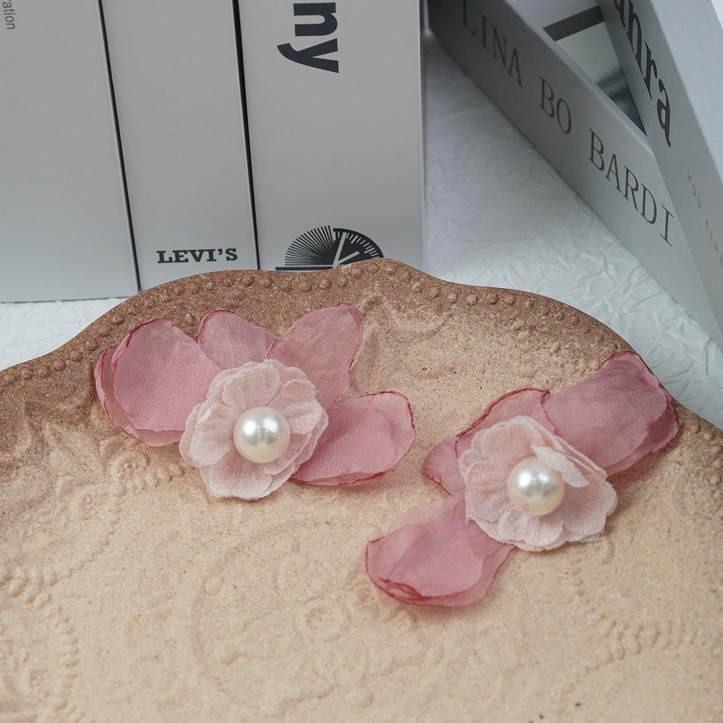 【Stud Earrings】Pink/White Fabric Flower Earrings with Pearl, Romantic & Sweet for Fashion Girls
