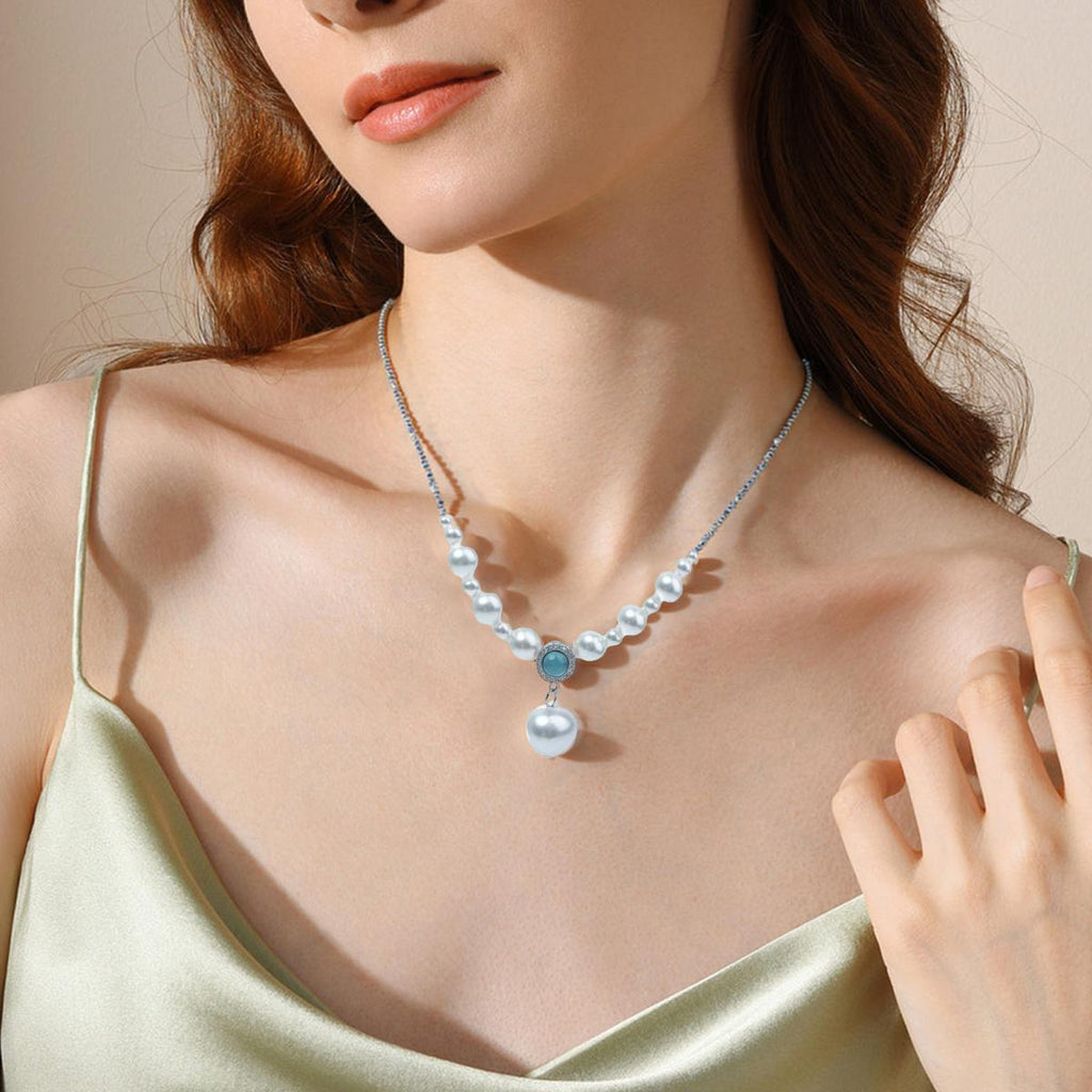 【Pendant Necklace】Gradient Pearl Necklace Set, Red & Blue Gemstone Jewelry, Elegant Silver Chain with Zircon Accents, Luxury Gift for her