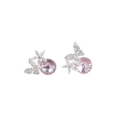 【Stud Earrings】Women Pink/Purple Crystal Earrings, Silver Butterfly & Flower Design, Sweet & Delicate, For Elegant Women
