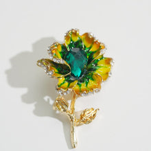 Load image into Gallery viewer, Flower Shaped Enamel Brooch with Green Rhinestones | Elegant Accessory for Women