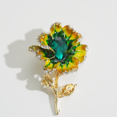 Flower Shaped Enamel Brooch with Green Rhinestones | Elegant Accessory for Women