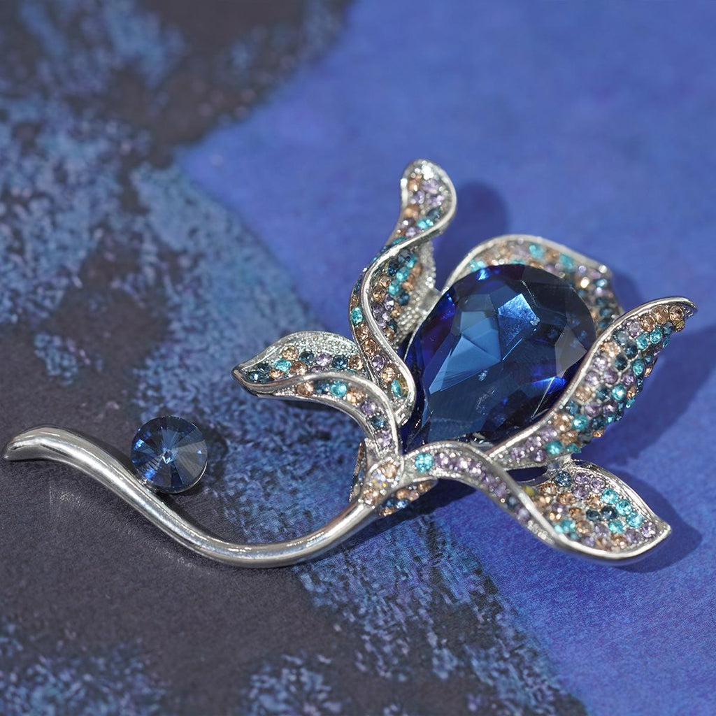 Elegant Flower Brooch with Deep Blue & Crystals - For Formal Attire & Women's Fashion Accessory
