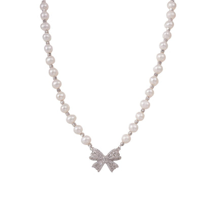 【Necklace】Silver Elegant Natural Freshwater Pearl Necklace with Shining Zircon Accent, Perfect Jewelry for Lover