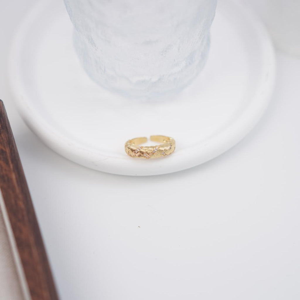 【Open Ring】Silver/Gold-Plated Copper Rings, Braided Texture with Zircons, Trendy Retro Jewelry for Women