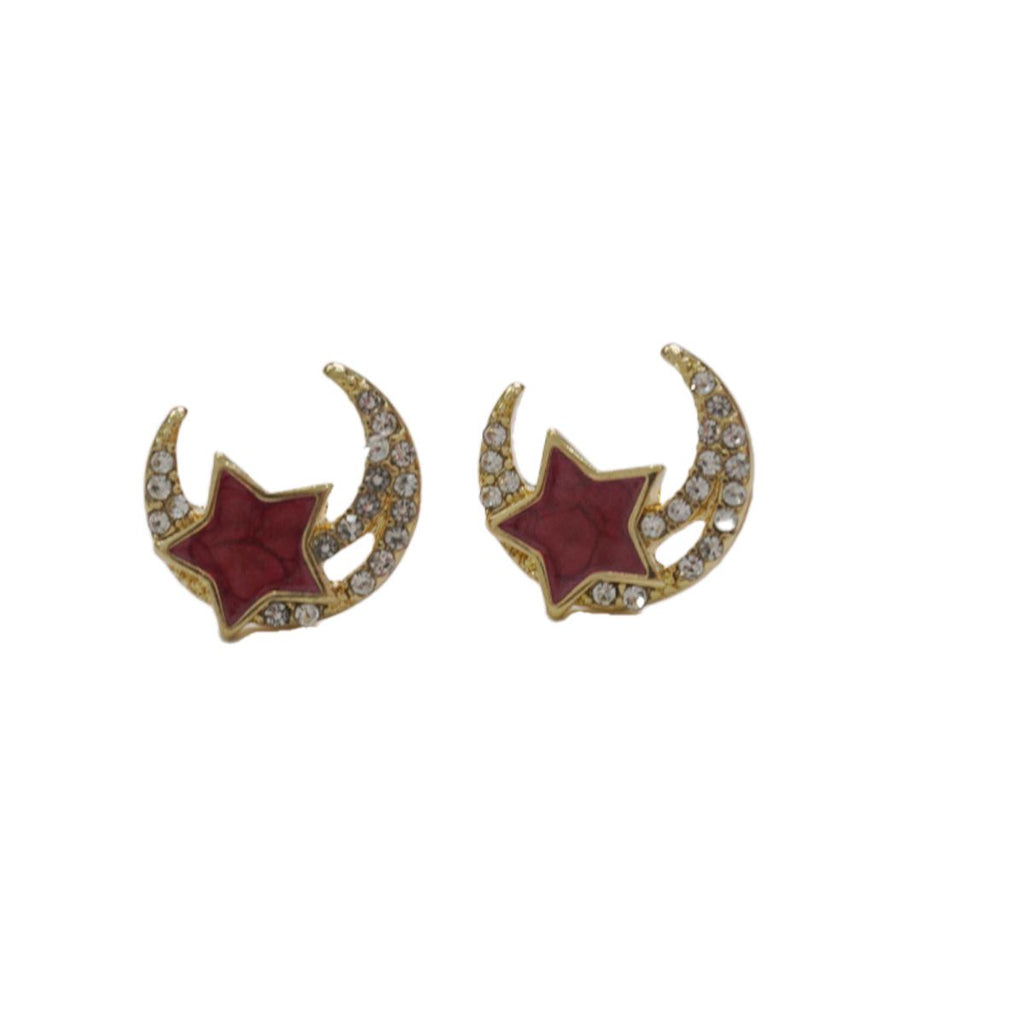 Subang Stud, Aloi Bersalut Emas, Kancing Bulan Bintang, Rekaan Bermata Berlian Buatan Putih, Sesuai untuk Hadiah