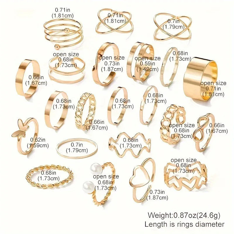 22 Pieces of Fashionable Multi Jointed Women's Ring Set with A Heart Shaped Design and A Niche Butterfly Ring Layering Accessory