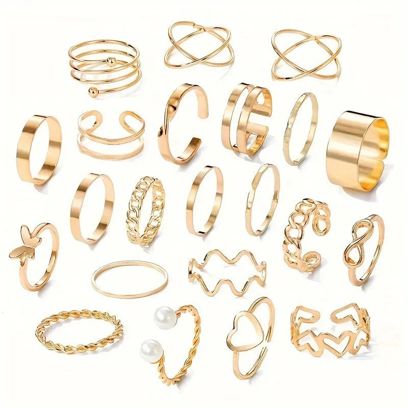 22 Pieces of Fashionable Multi Jointed Women's Ring Set with A Heart Shaped Design and A Niche Butterfly Ring Layering Accessory