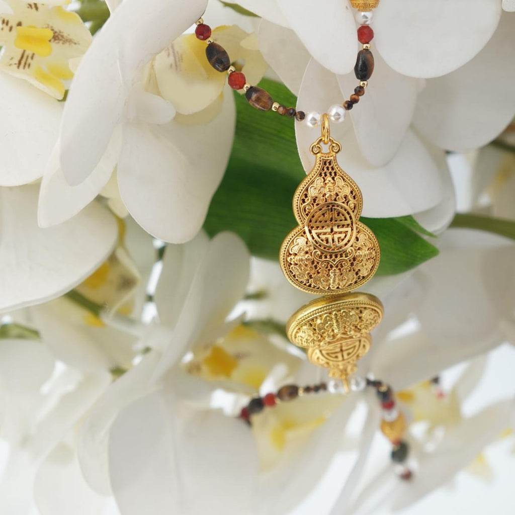 【Pendant Necklace】Oriental Boho Beaded Necklace, Copper & Gemstone Jewelry, Lucky Gourd Charm, Ethnic Layering Piece for Women