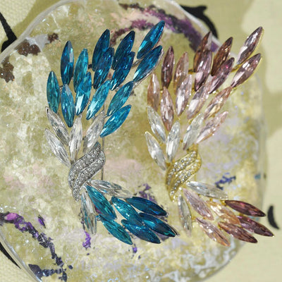 Flying Wing Crystal Brooch | Silver-Blue & Gold-Pink Gradient Sparkle for Evening & Formal Looks