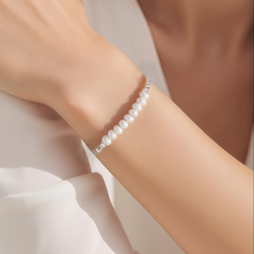 【Bracelet】Natural Freshwater Pearl Silver Textured Bracelet for Women Elegant Daily Wear Pearl Jewelry Gift