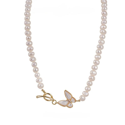 Elegant Natural Freshwater Pearl Necklace - Butterfly Accent - Feminine Charm for Everyday Wear