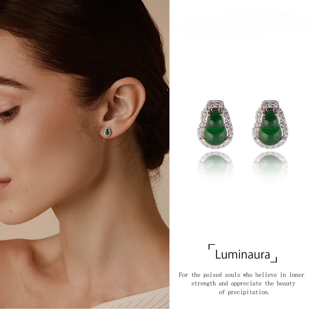Gourd Stud Earrings, 925 Sterling Silver Green Jade Earrings with Cubic Zirconia, Lucky Hulu Symbol Earrings for Women, Minimalist Studs, Meaningful Gift