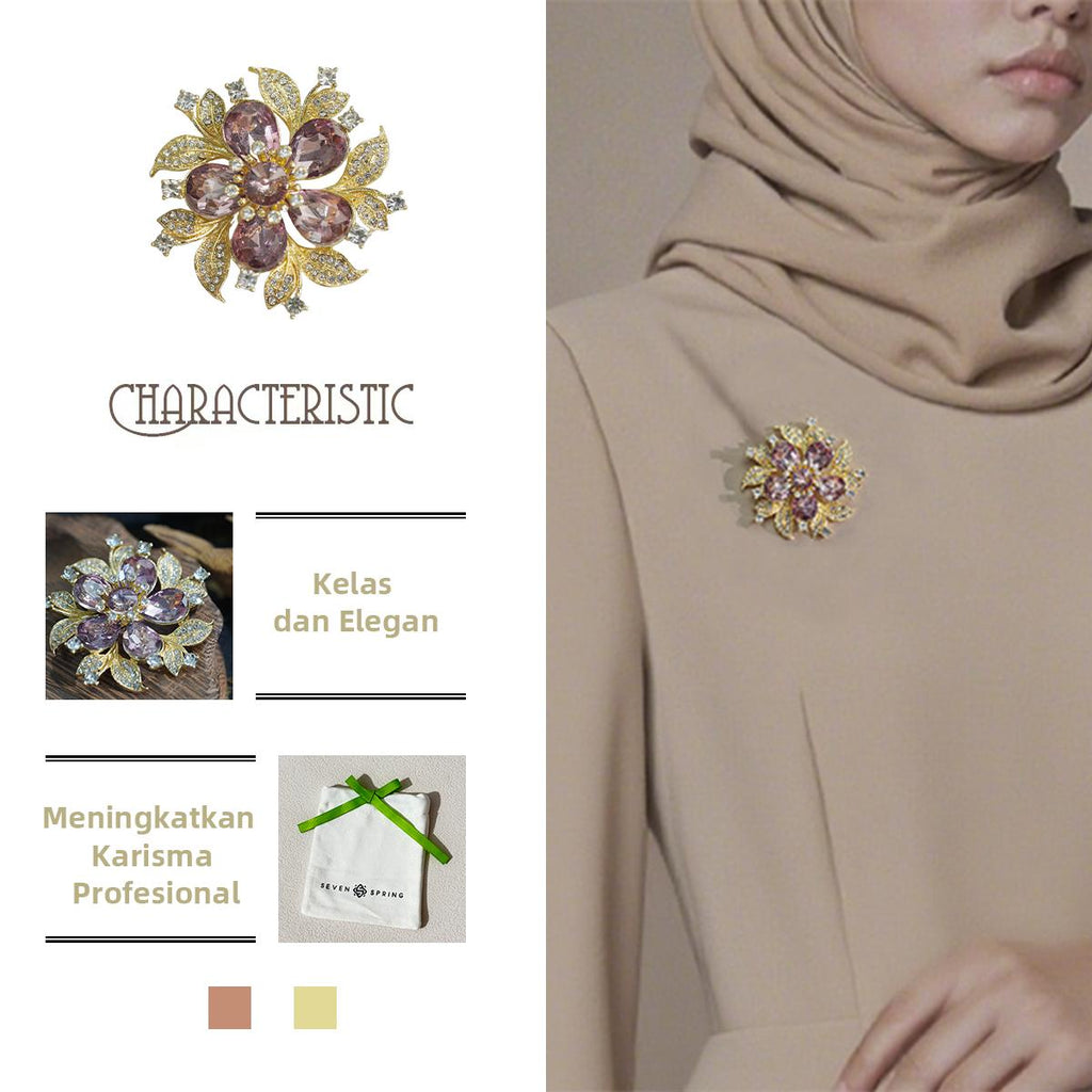 Kerongsang Bunga, Untuk Wanita, dengan Zirkon Ungu dan Daun Berkilauan, Sesuai untuk Acara Elegan pin  brooch