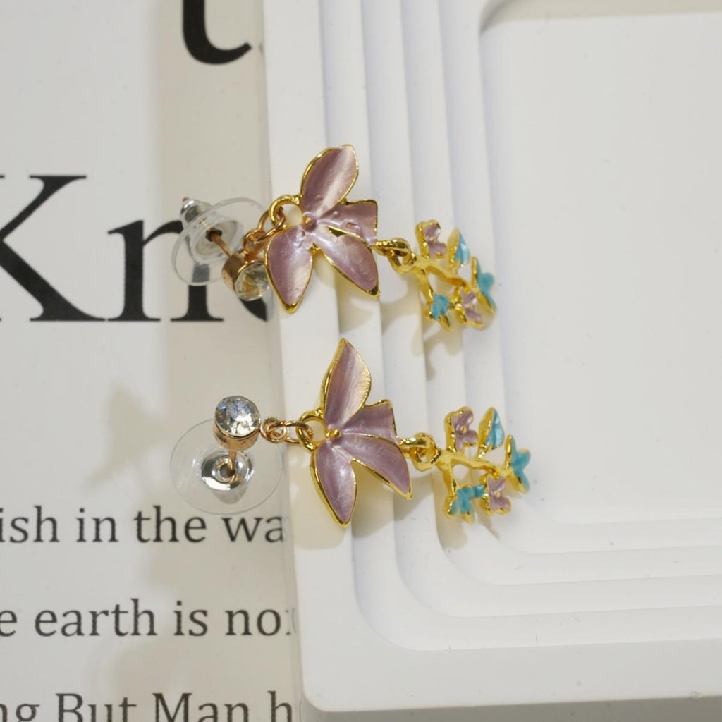 - Bunga Ungu, Rekaan Kelopak dan Daun Cantik dan Berwarna-warni, Barang Kemas Fairycore Manis, Untuk Wanita, - Jatuh anting  Earrings cute  earrings