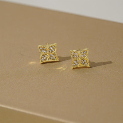 【Stud Earrings】Gold Alloy Vintage Square Zircon Four - Leaf Flower Chic Earrings for Retro Lovers