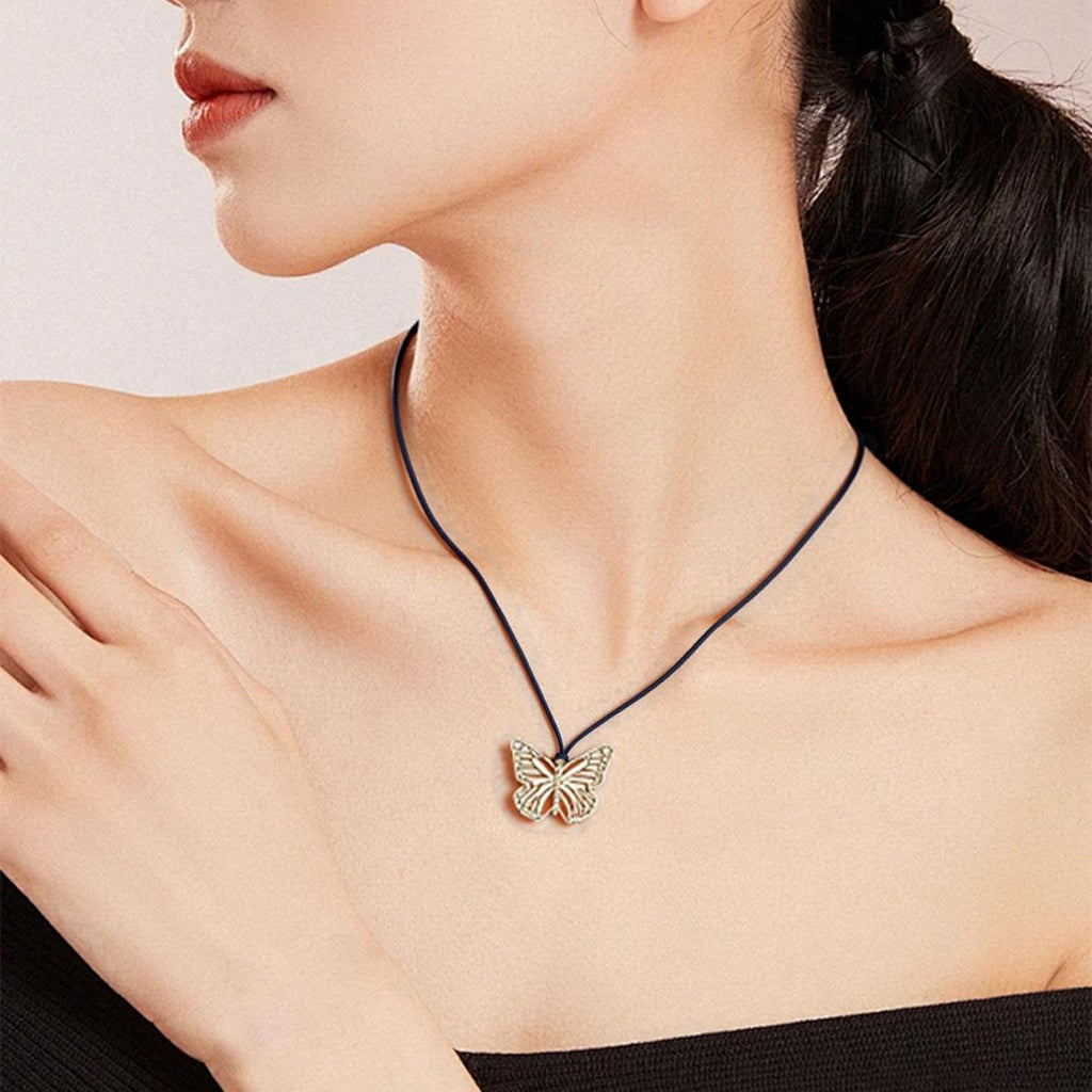 【Pendant Necklace】 Gold-Tone Butterfly Hollow-Out Pendant with Black Cord Necklace for Women - Elegant Lightweight Design, Everyday Versatile Jewelry