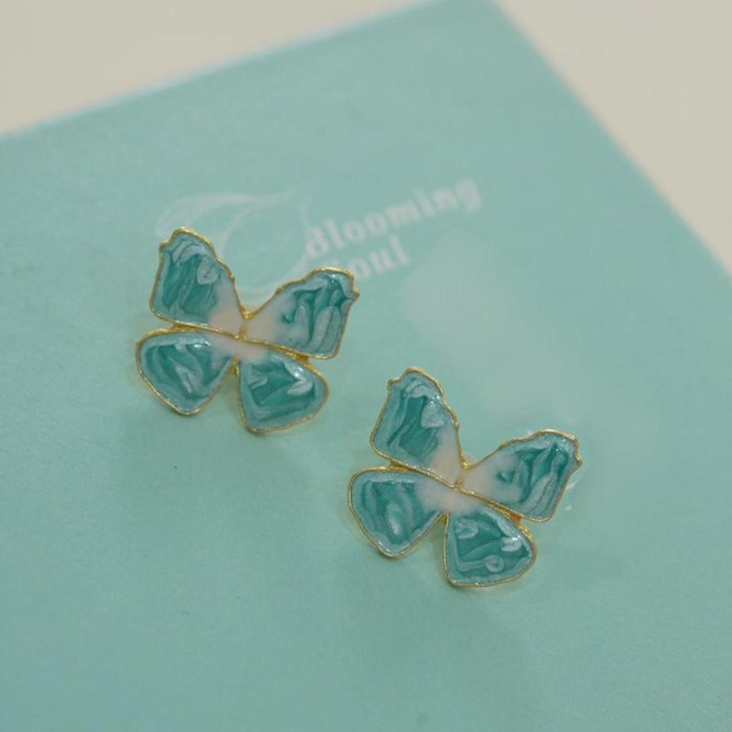 Anting-anting Stud, Kancing Rama-rama Kecerunan Biru-Putih Bermata, Bertekstur Cantik, Untuk Wanita, Bersalut Emas