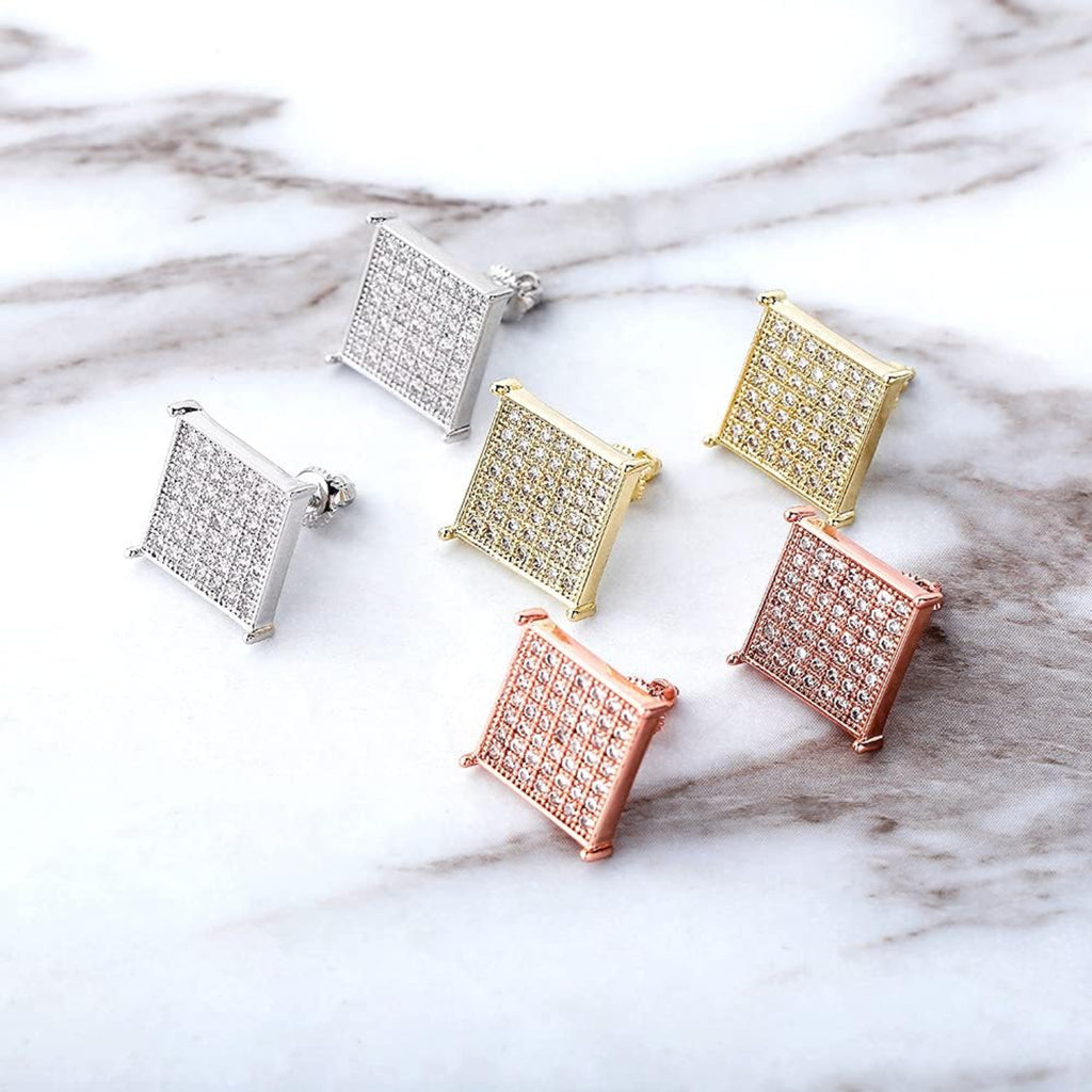 YOSZO 925 Sterling Silver Square Screw Stud Earrings 14K Gold 5A+ Cubic Zirconia Iced Out Square Screw Back Hypoallergenic Cube Large Stud Earrings For Men Women