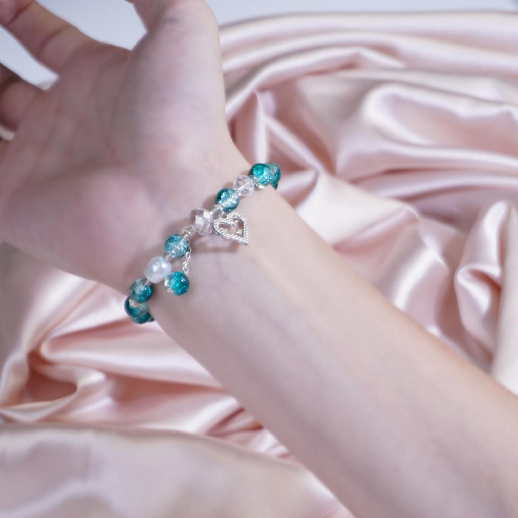 Gelang Manik, Hijau Zamrud dan Putih, Loket Jantung Warna Perak, Barang Kemas Elegan, Hadiah untuk Wanita, Gelang