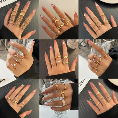 25Style Bohemian Vintage Gold Color Geometric Square Round Rings Set for Women Black Stone Rings Silver Color Chain Ring Jewelry