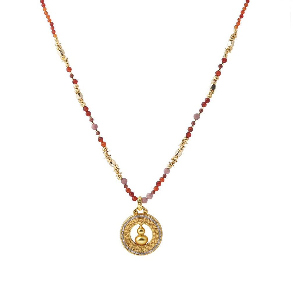 【Pendant Necklace】Oriental Chic Beaded Necklace, Copper & Gemstone Jewelry, Lucky Gourd Pendant, Bohemian Layering Piece for Women