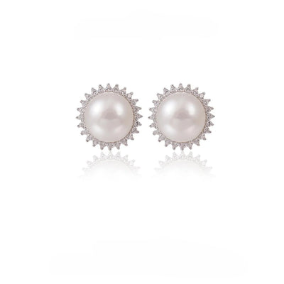 【Stud Earring】Sun-Shape Natural Pearl Stud Earring, Silver Base Zircon Shining Fashion Jewelry for Women, Perfect Birthday Gift