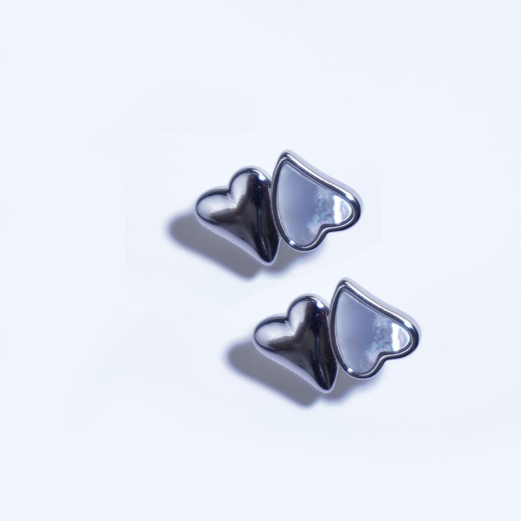 【Stud Earrings】Silver/Golden Toned & Shell Double-Heart Earrings, Romantic & Chic, For Fashion Ladies