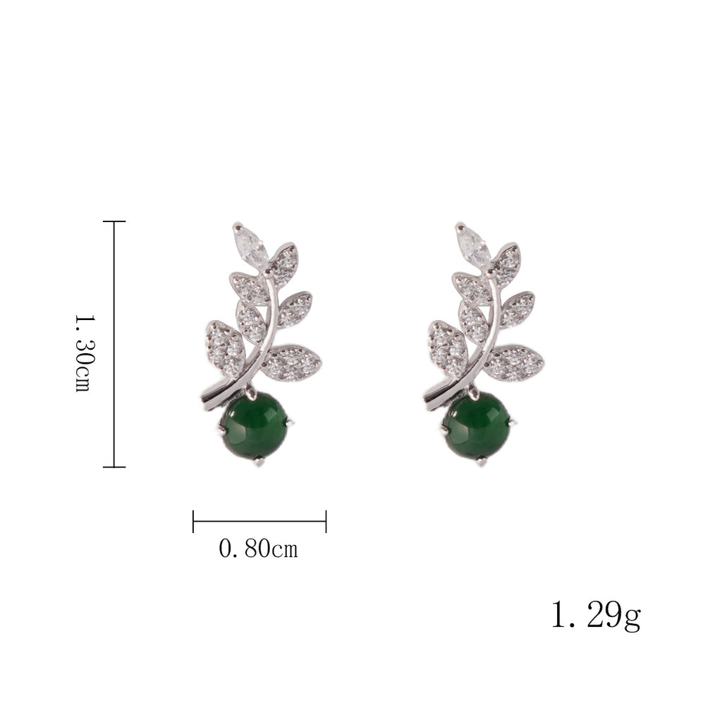 Jade Stud Earrings, 925 Sterling Silver Vine Leaf Drop Earrings with Green Jade and Cubic Zirconia, Nature-Inspired Dangle Earrings for Women, Elegant Birthstone Gift