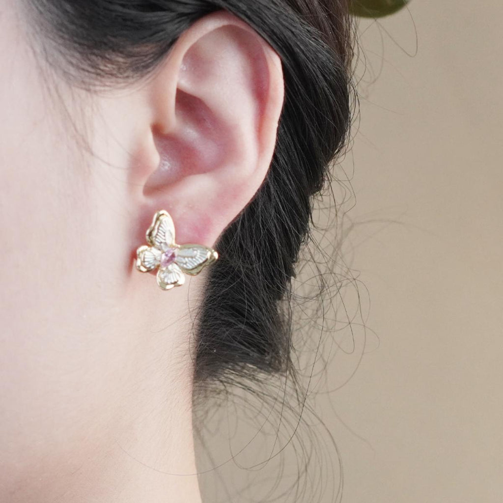 【Stud Earrings】Gold-Plated Butterfly Earrings with Clear Zircon & Pink Gemstones, Shiny Romantic Design for Women