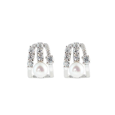 【Stud Earrings】Geometric U-Shape Freshwater Pearl Zirconia Stud Earrings Minimalist Elegant Silver Earrings Daily Wear Jewellry Gift for Women