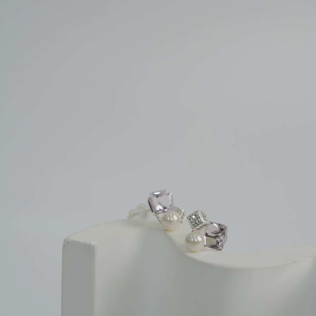 Subang Stud, Kristal Geometrik Ungu, Dengan Mutiara dan Zirkon, Halus dan Manis, Untuk Wanita Fesyen cute  earrings
