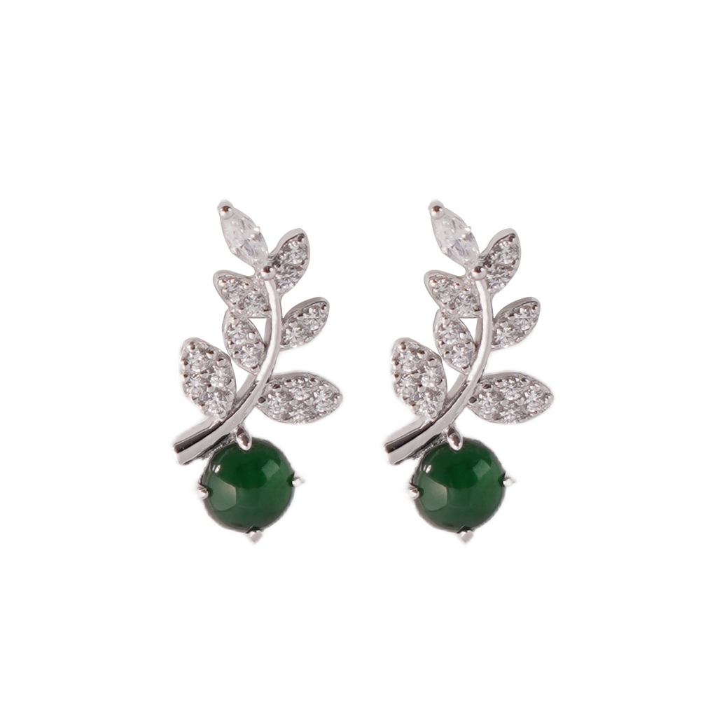 Jade Stud Earrings, 925 Sterling Silver Vine Leaf Drop Earrings with Green Jade and Cubic Zirconia, Nature-Inspired Dangle Earrings for Women, Elegant Birthstone Gift