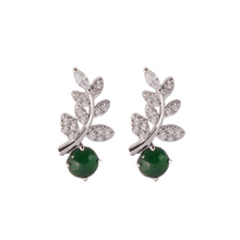 Load image into Gallery viewer, Jade Stud Earrings, 925 Sterling Silver Vine Leaf Drop Earrings with Green Jade and Cubic Zirconia, Nature-Inspired Dangle Earrings for Women, Elegant Birthstone Gift