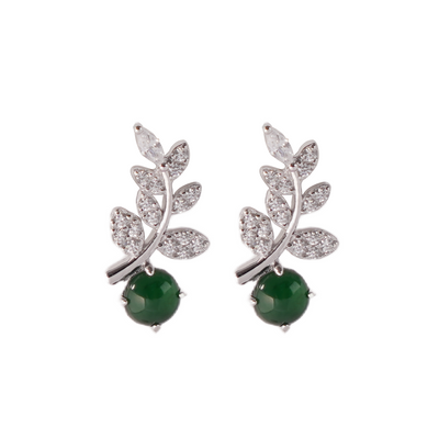 Jade Stud Earrings, 925 Sterling Silver Vine Leaf Drop Earrings with Green Jade and Cubic Zirconia, Nature-Inspired Dangle Earrings for Women, Elegant Birthstone Gift